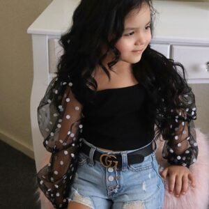 Children'S Clothing Cotton Dot Mesh Sleeves Striped Top Ripped Denim Shorts Kids Suit
