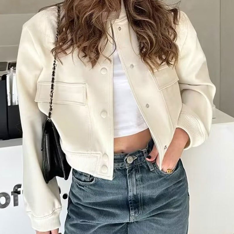 Fashion Button Stand-collar Jacket With Big Pockets Casual Loose Short Outwear Tops Coat For Women Clothing - Image 2