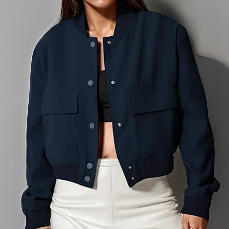 Fashion Button Stand-collar Jacket With Big Pockets Casual Loose Short Outwear Tops Coat For Women Clothing - Image 3