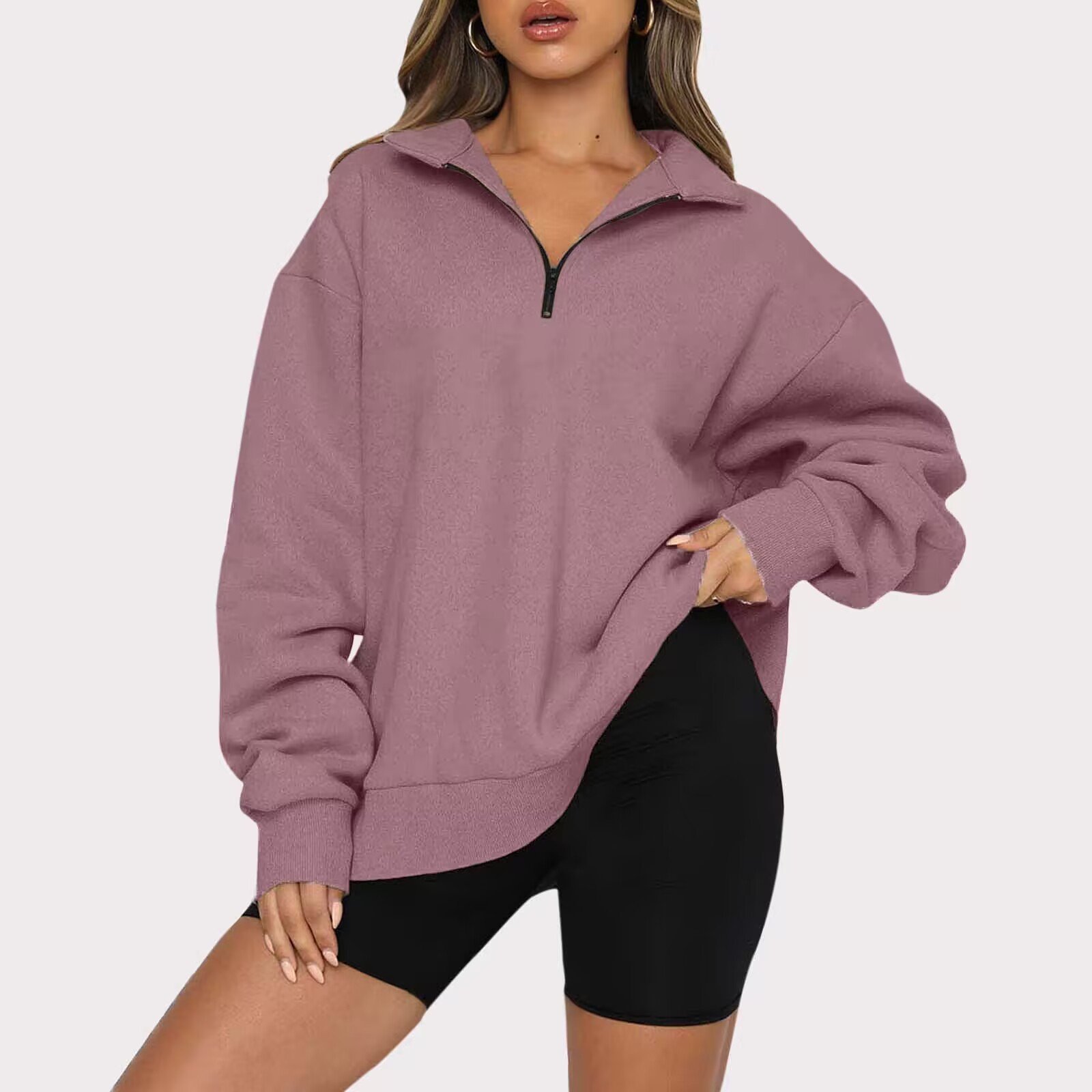 Women Sweatshirts Zip Turndown Collar Loose Casual Tops Clothes - Image 6