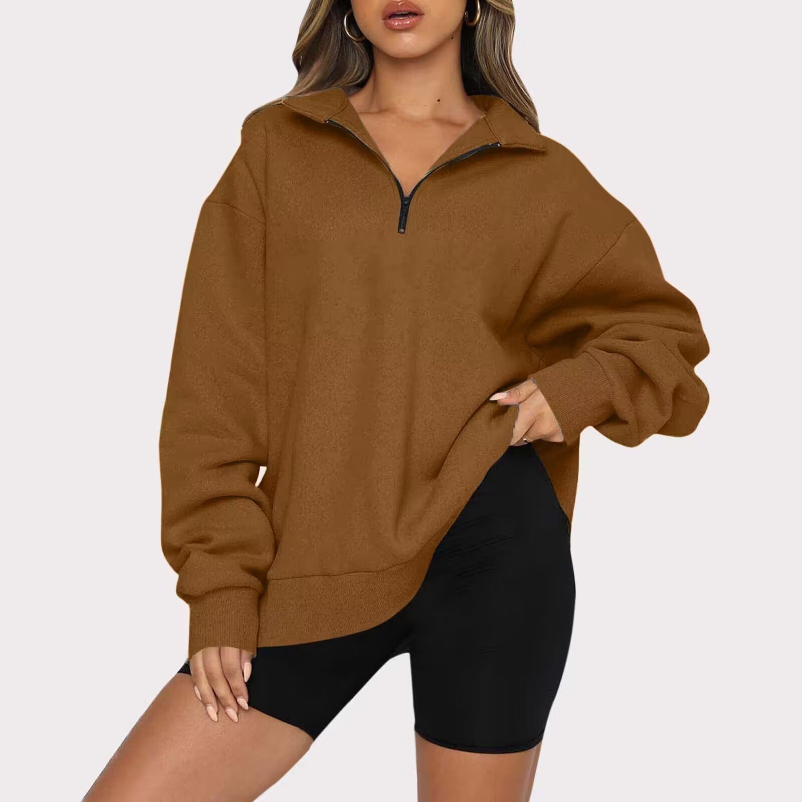 Women Sweatshirts Zip Turndown Collar Loose Casual Tops Clothes - Image 5