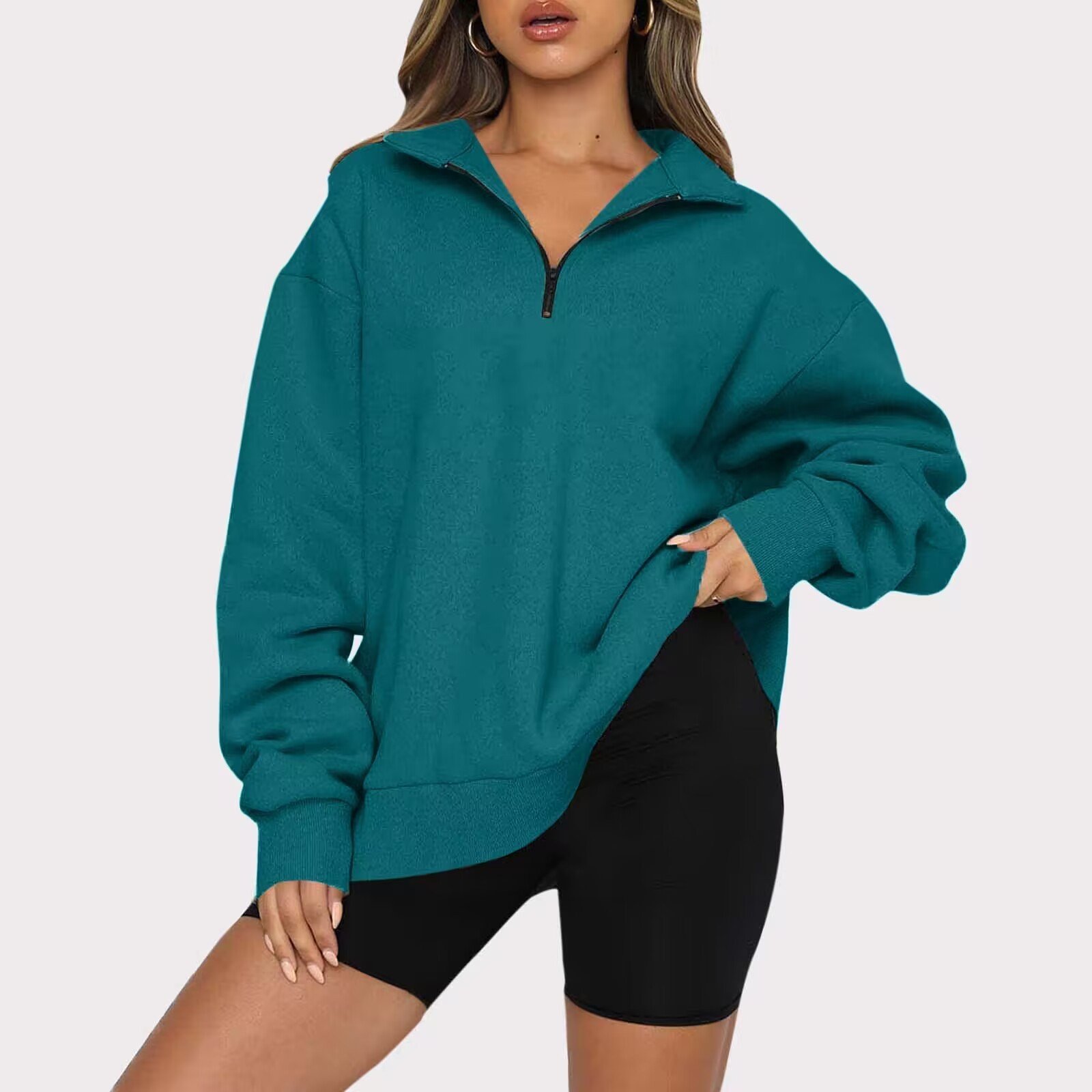 Women Sweatshirts Zip Turndown Collar Loose Casual Tops Clothes - Image 10